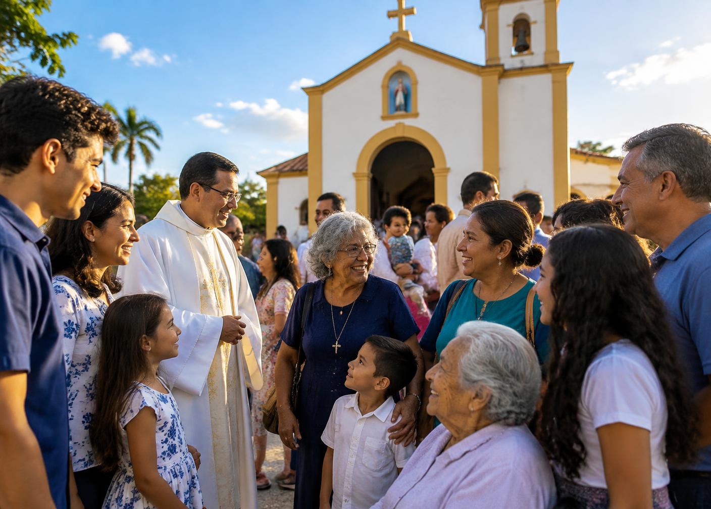 Comunidade católica reunida diante de uma paróquia